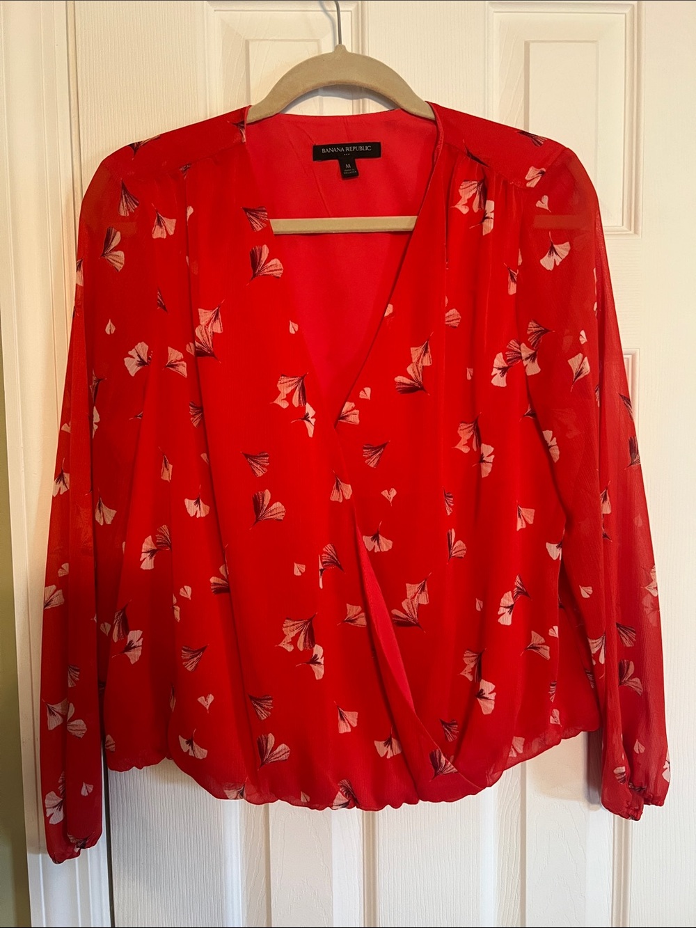 Banana Republic Red Floral-Print Faux-Wrap Blouse